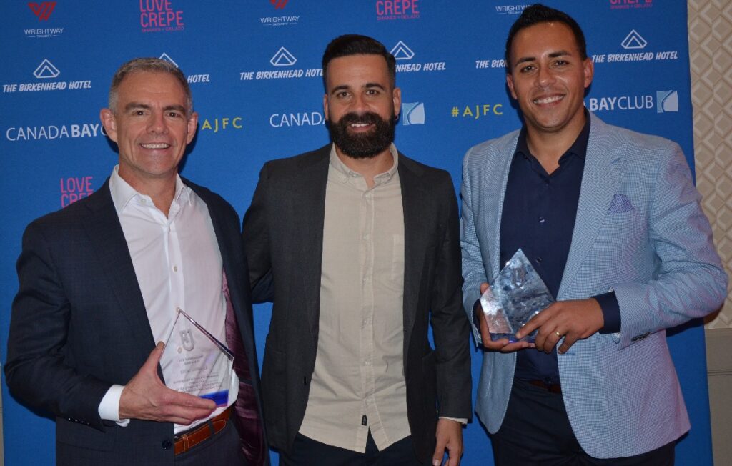 AJFC Life Members - Gilbert Lorquet and Brent Howells with Sydney FC legend Alex Brosque