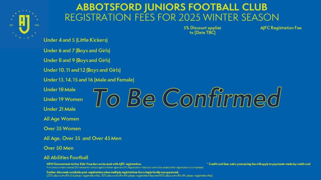 Abbotsford Juniors Football Club registration fees for the 2025 Winter Season