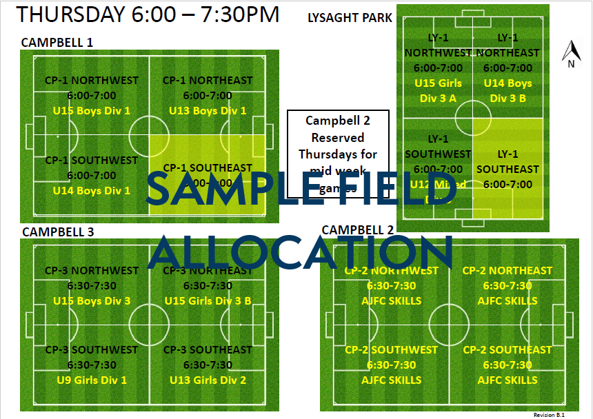 AJFC Sample Field Allocation Map showing team training bookings