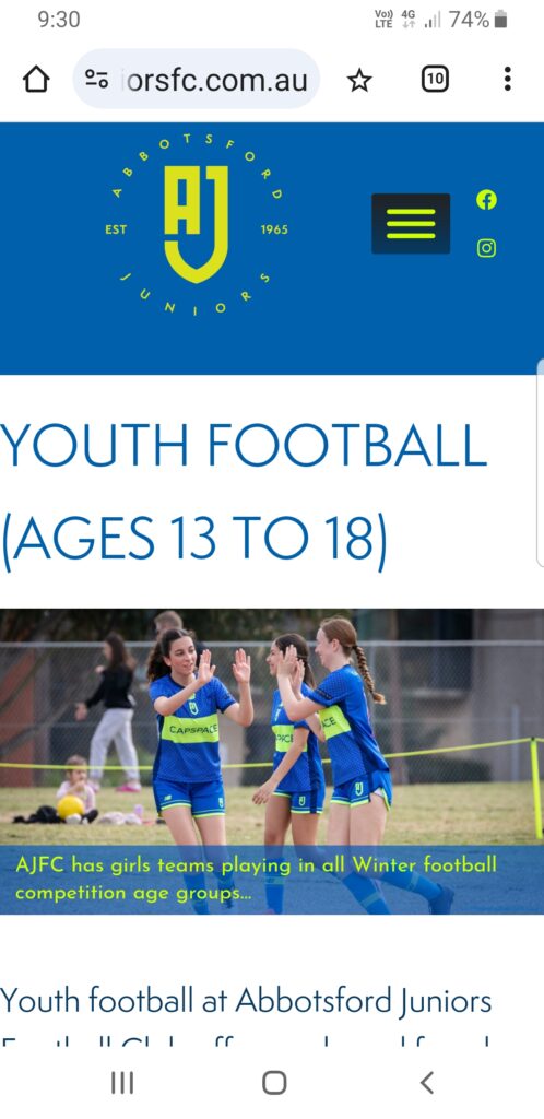 AJFC Youth Football page mobile screenshot